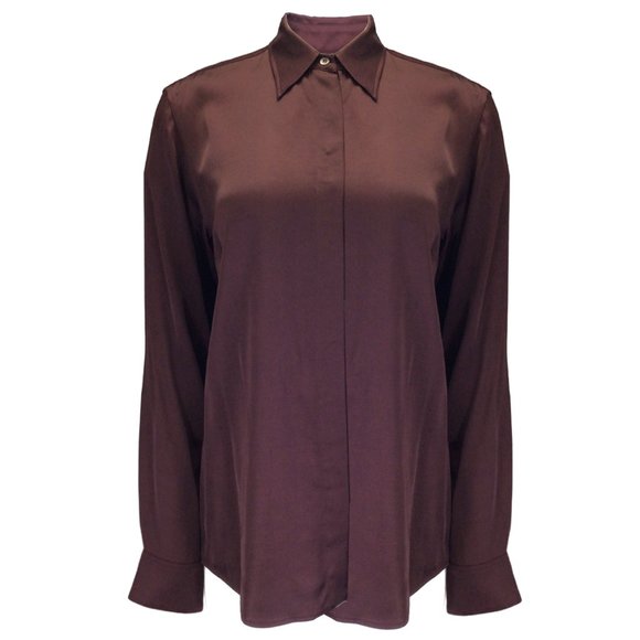 DRIES VAN NOTEN BURGUNDY LONG SLEEVED BUTTON-DOWN SATIN BLOUSE - Picture 1 of 4